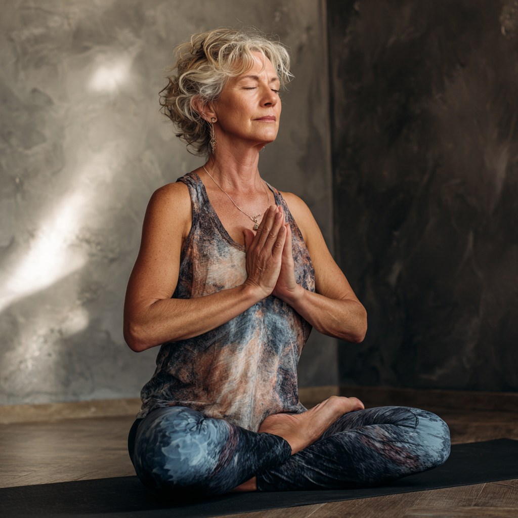 Experienced yoga instructor demonstrating gentle pose for mature adults