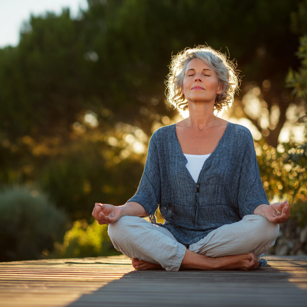 Mature woman in peaceful yoga pose outdoors